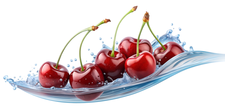 cherries   in a semi-circular water wave on transparent background png