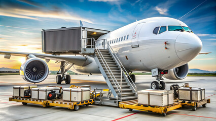 Air cargo freighter logistics loading luggage with high loader at the airport, air cargo, freighter, logistics, import