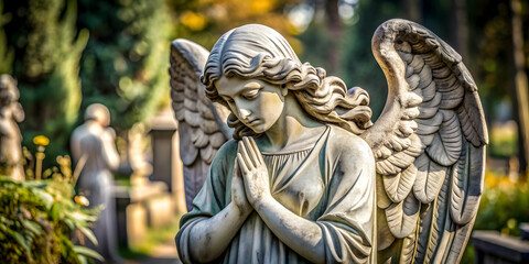 Obraz premium Sculpture of angel in prayer in a cemetery , angel, sculpture, praying, cemetery, religious, memorial, statue