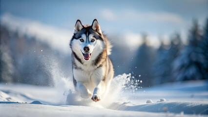 Naklejka premium Energetic husky running through snow-covered landscape, Husky, winter, snow, playful, pet, energetic, running, joy, cold