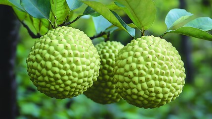 Osage orange fruits hanging a tree in a lush woodland with their bright green bumpy skin in focus and the dense forest softly blurred behind Scientific name Maclura pomifera