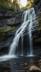 Obraz premium Waterfall cascading over rocky cliff surrounded by lush greenery