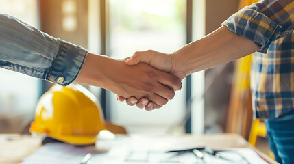 two individuals shaking hands over a table that has architectural plans or drawings and a yellow safety helmet on it