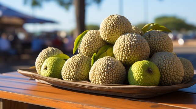 Osage orange fruits scattered across vibrant caf table beachside restaurant ocean waves and bright sun umbrellas softly blurred behind evoking a lively tropical vibe Scientific name Maclura pomifera