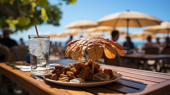 Osage orange fruits scattered across vibrant caf table beachside restaurant ocean waves and bright sun umbrellas softly blurred behind evoking a lively tropical vibe Scientific name Maclura pomifera