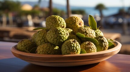Osage orange fruits scattered across vibrant caf table beachside restaurant ocean waves and bright sun umbrellas softly blurred behind evoking a lively tropical vibe Scientific name Maclura pomifera