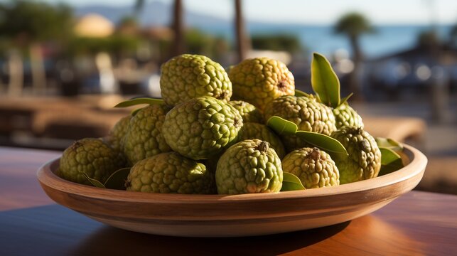 Osage orange fruits scattered across vibrant caf table beachside restaurant ocean waves and bright sun umbrellas softly blurred behind evoking a lively tropical vibe Scientific name Maclura pomifera