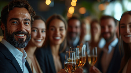 Smiling Business Professionals Toasting to Success at a Corporate Event Achievements Celebration Partnership Concept