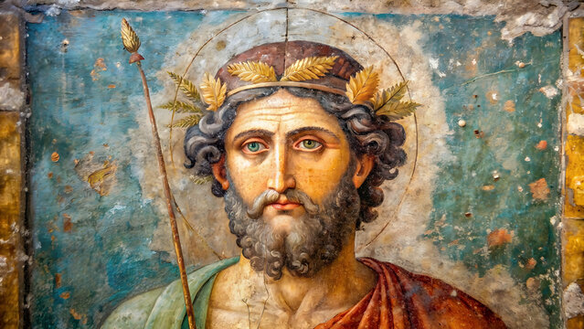 Ancient fresco of the Roman divinity Priapus in Pompeii , Roman, divinity, Priapus, Pompeii, ancient, fresco, artwork