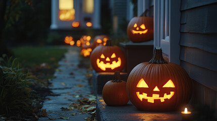 Fototapeta premium Spooky Jack-o'-Lanterns Lining the Stairway
