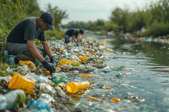 Volunteers picking up plastic waste from a river, symbolizing community efforts in environmental protection.