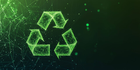 Recycling symbol made with digital mesh, green neon light background, sustainability and technology concept