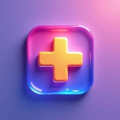 Obraz premium A 3D plus sign icon is embedded in a rounded square icon, glowing with a soft neon blue and purple light