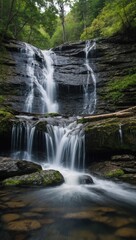 Fototapeta premium Natural waterfall cascading over mossy rocks with lush surrounding trees