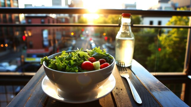 Pawpaw fruit salad kale cherry tomatoes tangy vinaigrette served rooftop restaurants vibrant terrace sunset views softly blurred behind promoting nutritious fresh meal Scientific name Asimina triloba