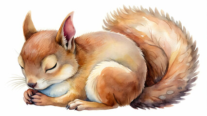Adorable watercolor of a sleeping squirrel for nursery art, cute, sleeping, squirrel, watercolor,nursery, art, woodland, animal
