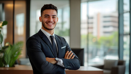 Fototapeta premium A professional portrait of an attractive young businessman in business attire smiling confidently