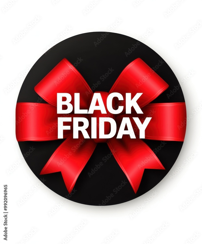 Poster black round button with a red ribbon bow and the text 