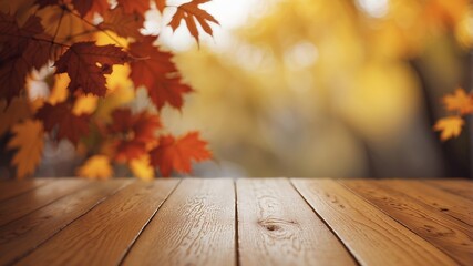 Wooden table with autumn leaves falling