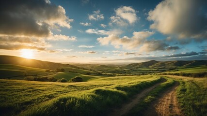 Fototapeta premium Serene countryside landscape with sunset view