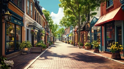 Fototapeta premium A charming city street with brick sidewalks, colorful storefronts, and urban greenery, captured with a realistic urban backdrop