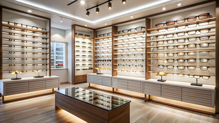 Stylish modern optical shop with ambient lighting and fashionable spectacles, stylish, modern, optical shop