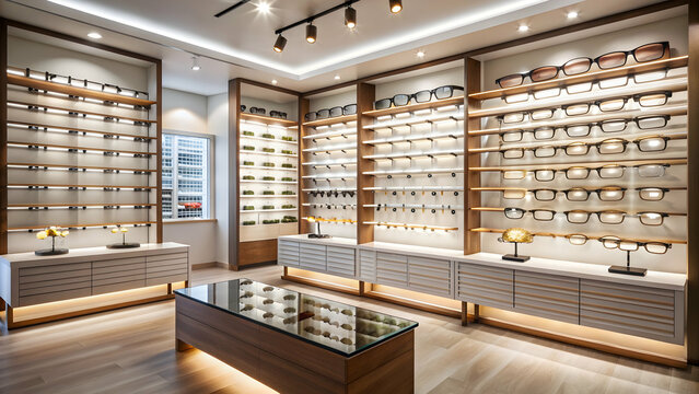 Stylish modern optical shop with ambient lighting and fashionable spectacles, stylish, modern, optical shop