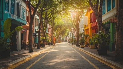 Fototapeta premium Beautiful city street lined with trees and colorful buildings, captured with a realistic background and natural sunlight, showcasing urban charm