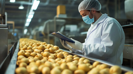 Food quality inspector checking potatoes on a conveyor belt in a processing plant, ensuring safety and standards