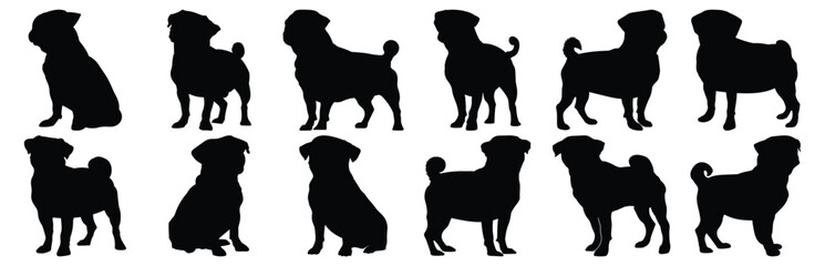 Pug silhouettes set, dog pack of vector silhouette design, isolated background