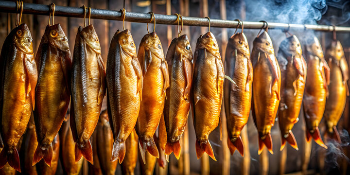 Smoked fish in a smokehouse, smoked fish, wedzenie ryb, traditional method, seafood, wooden racks, flavor, preservation