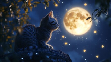Obraz premium A tranquil scene featuring a cat sitting on a branch while gazing at a luminous full moon in the night sky, surrounded by glowing fireflies in a dreamy atmosphere.