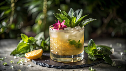 Fototapeta premium Mint julep cocktail with mint leaves and lemon on stone coaster