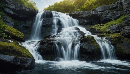 Fototapeta premium Series of cascading waterfalls flowing down rocky cliff face