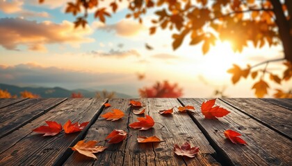 A wooden table with fallen red leaves, set against a sunset sky, is the focal point of a serene autumn scene, with mountains in the distance and a tree branch in the foreground