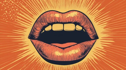 Illustration of vibrant lips and mouth in a pop art style with an orange background featuring dynamic and energetic patterns, symbolizing boldness and expression.