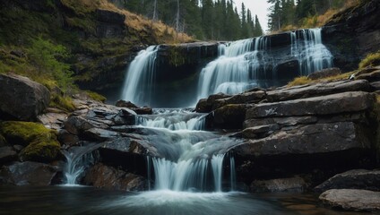 Fototapeta premium Natural waterfall scene with rocky terrain and green foliage surrounding the water