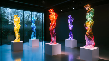 A vibrant display of colorful glass sculptures in an art gallery