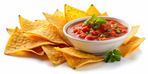 Corn chips, nachos, salsa sauce isolated on white background , snack, Mexican cuisine, appetizer, tortilla chips, spicy