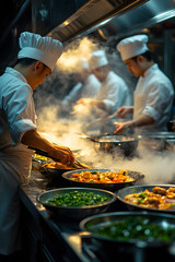 A group of chefs are cooking food in a kitchen
