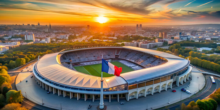 Arial image of Parc des Princes stadium at sunset with French tricolor flag, Paris, France, Parc des Princes, stadium