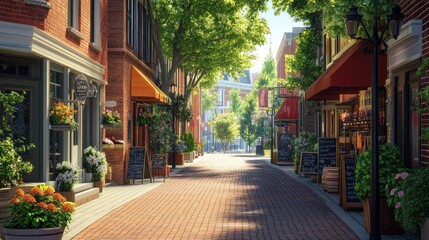 Fototapeta premium A charming city street with brick sidewalks, colorful storefronts, and urban greenery, captured with a realistic urban backdrop