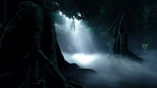 Foggy dark mysterious forest pathway from horror scene. Dark, foggy, autumnal, cold forest among high trees.