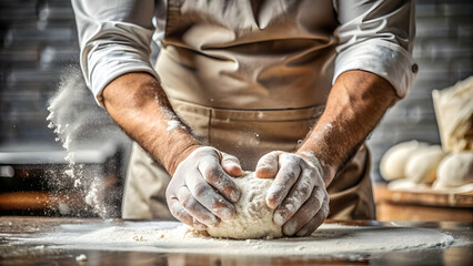 Close-up of a man's hands kneading dough in a bakery, covered in flour, male baker, kneading, hands, dough, bakery, close-up