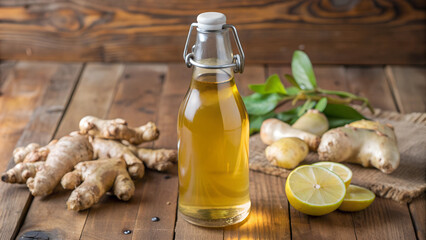 Ginger syrup in bottle with fresh ginger and lemon on wooden table - Powered by Adobe