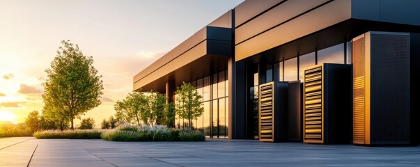 Modern Clean Energy Data Center Exterior at Sunset