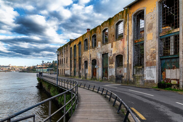 Dilapidated building in Vila Novo de Gaia, Portugal across from Porto, on a cloudy day