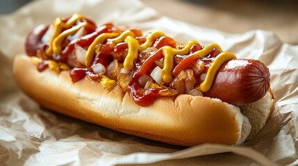 A deliciously messy Hot dog with mustard and ketchup on a wooden board Selective focus