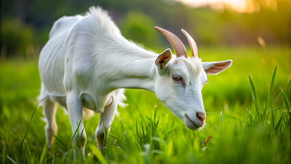 Obraz premium Closeup of a white goat grazing in a lush green field, goat, animal, farm, agriculture, livestock, mammal, nature, field, countryside