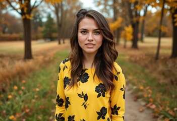 Fototapeta premium A young woman with long brown hair, wearing a yellow floral dress, stands on a dirt path surrounded by autumnal trees, gazing directly at the camera in a serene park setting